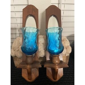 Vintage MCM Set Of 2 Wall Sconce wood Mirrors & Turquoise Glass Candle Holder